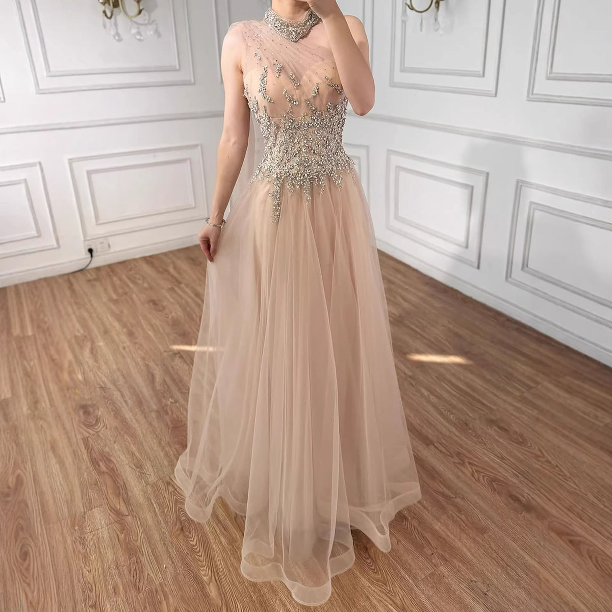 Luxury Nude  A Line One Shoulder Beaded Evening Dress LA73154