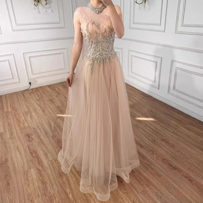 Luxury Nude  A Line One Shoulder Beaded Evening Dress LA73154