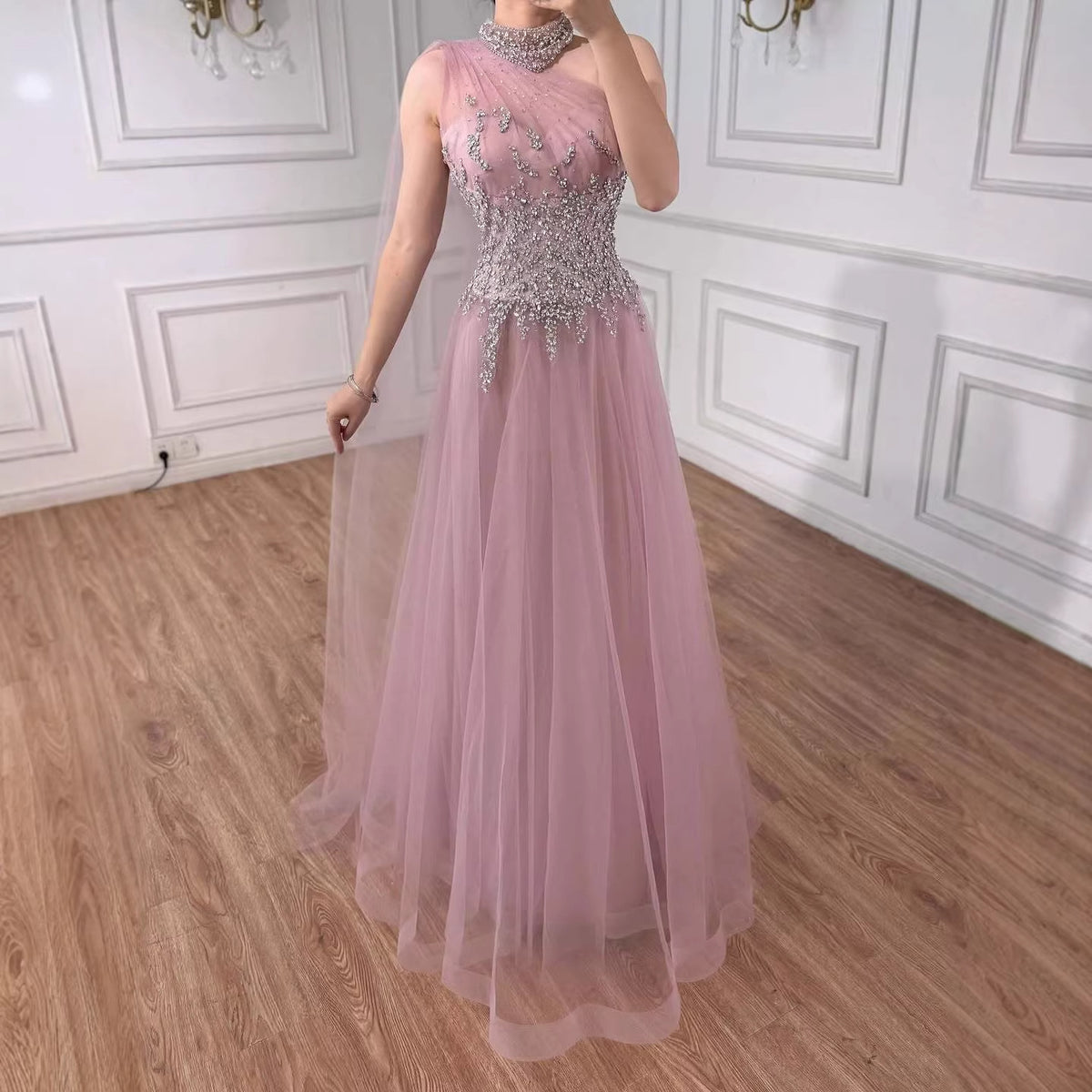 Luxury Nude  A Line One Shoulder Beaded Evening Dress LA73154