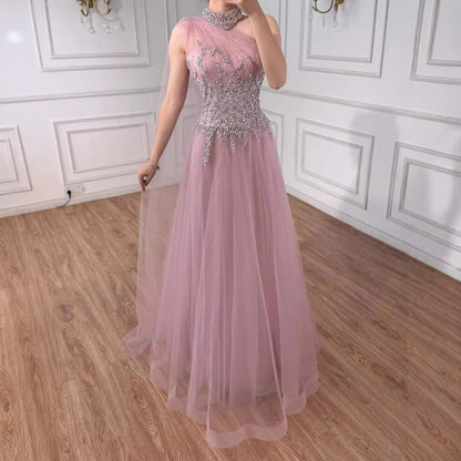 Luxury Nude  A Line One Shoulder Beaded Evening Dress LA73154