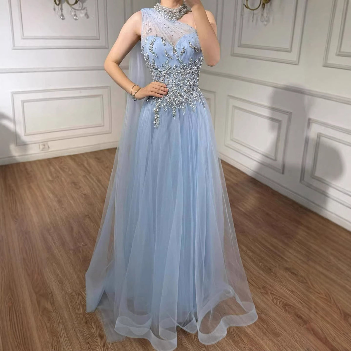 Luxury Nude  A Line One Shoulder Beaded Evening Dress LA73154