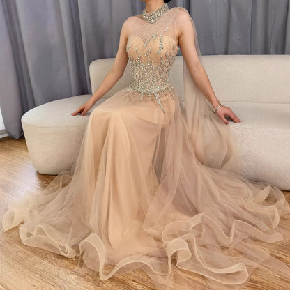 Luxury Nude  A Line One Shoulder Beaded Evening Dress LA73154