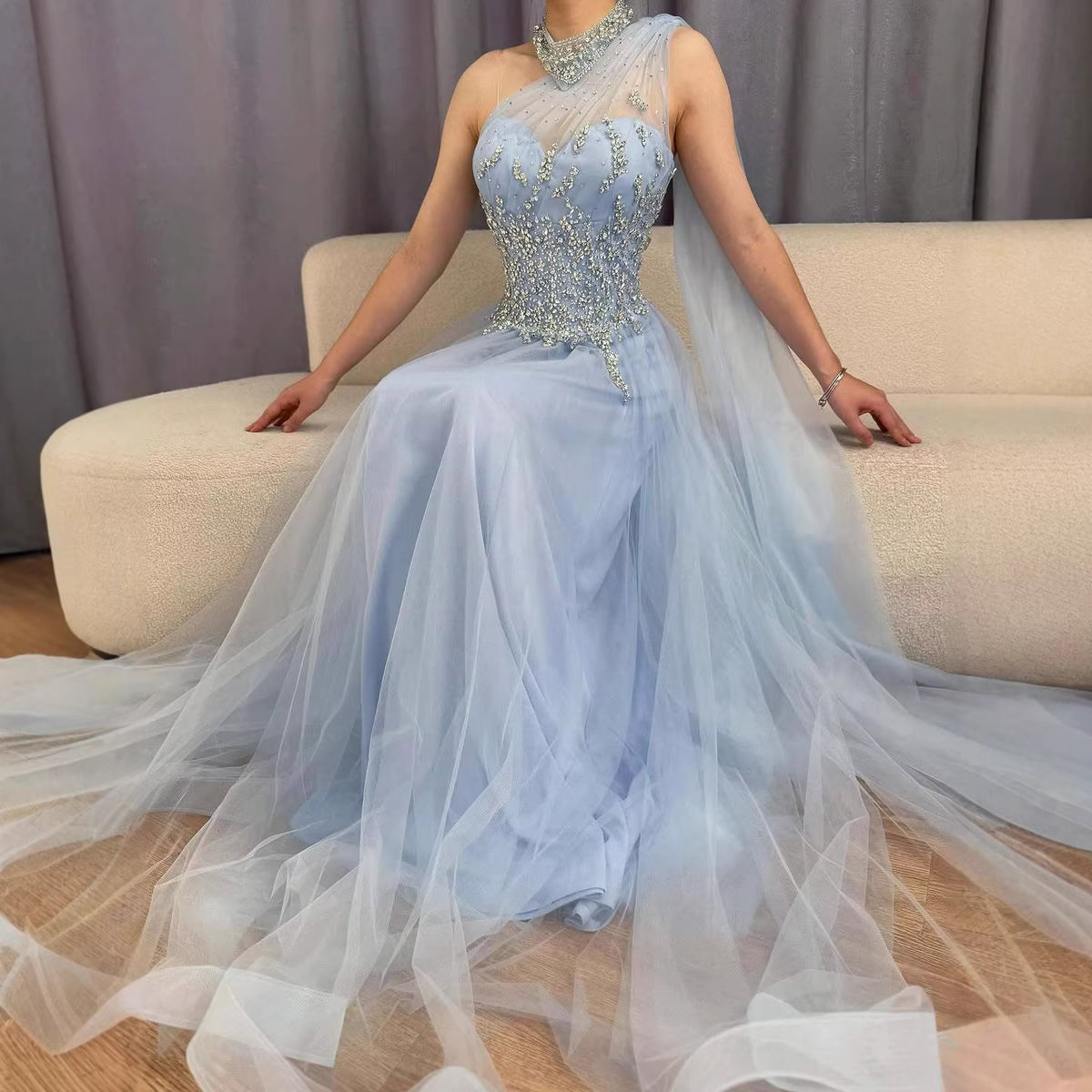 Luxury Nude  A Line One Shoulder Beaded Evening Dress LA73154