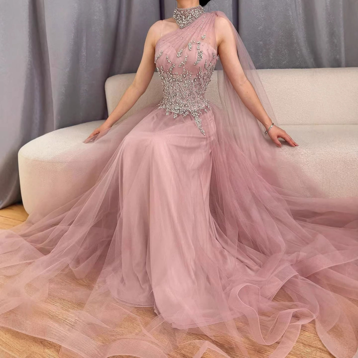 Luxury Nude  A Line One Shoulder Beaded Evening Dress LA73154