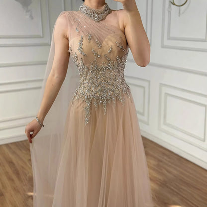 Luxury Nude  A Line One Shoulder Beaded Evening Dress LA73154