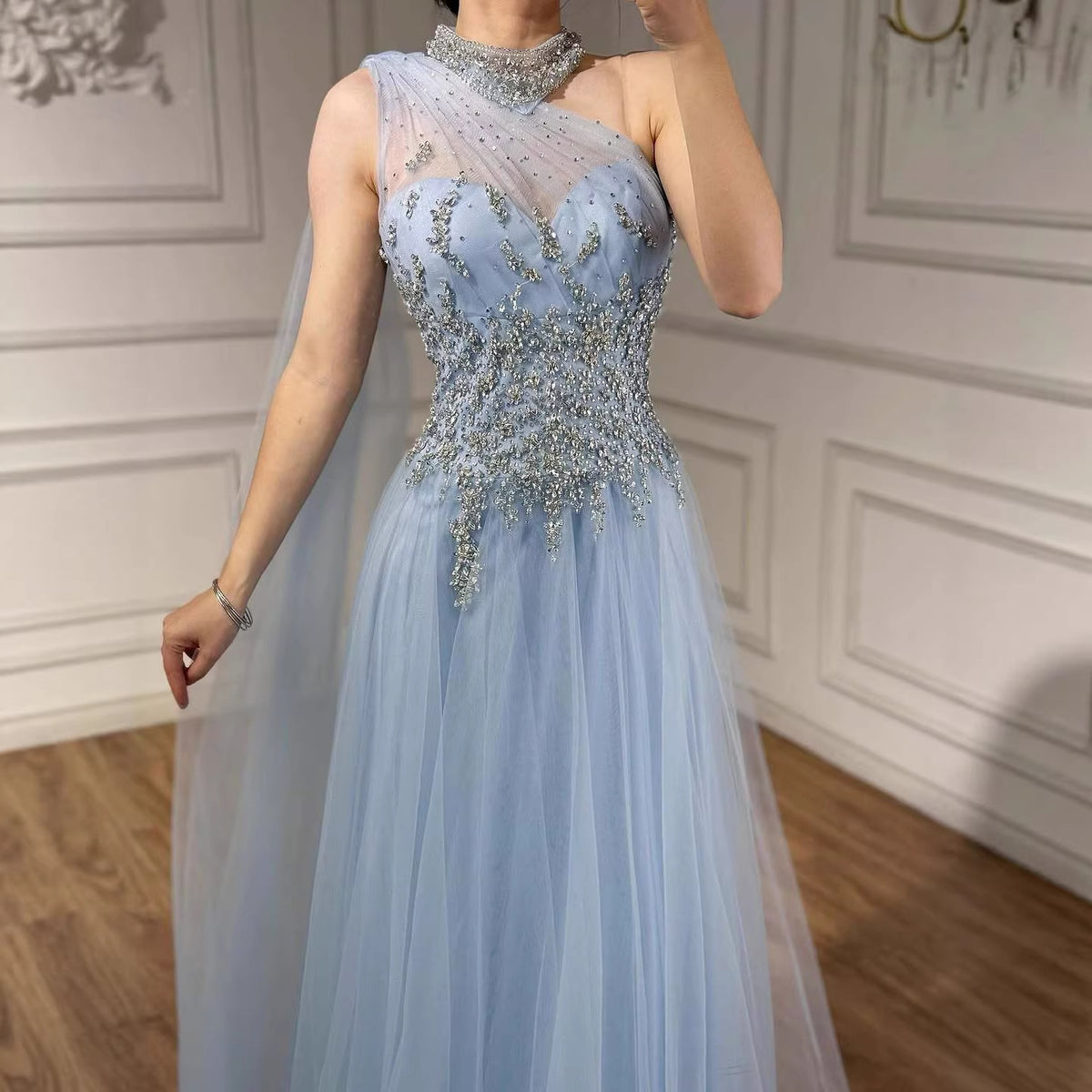 Luxury Nude  A Line One Shoulder Beaded Evening Dress LA73154