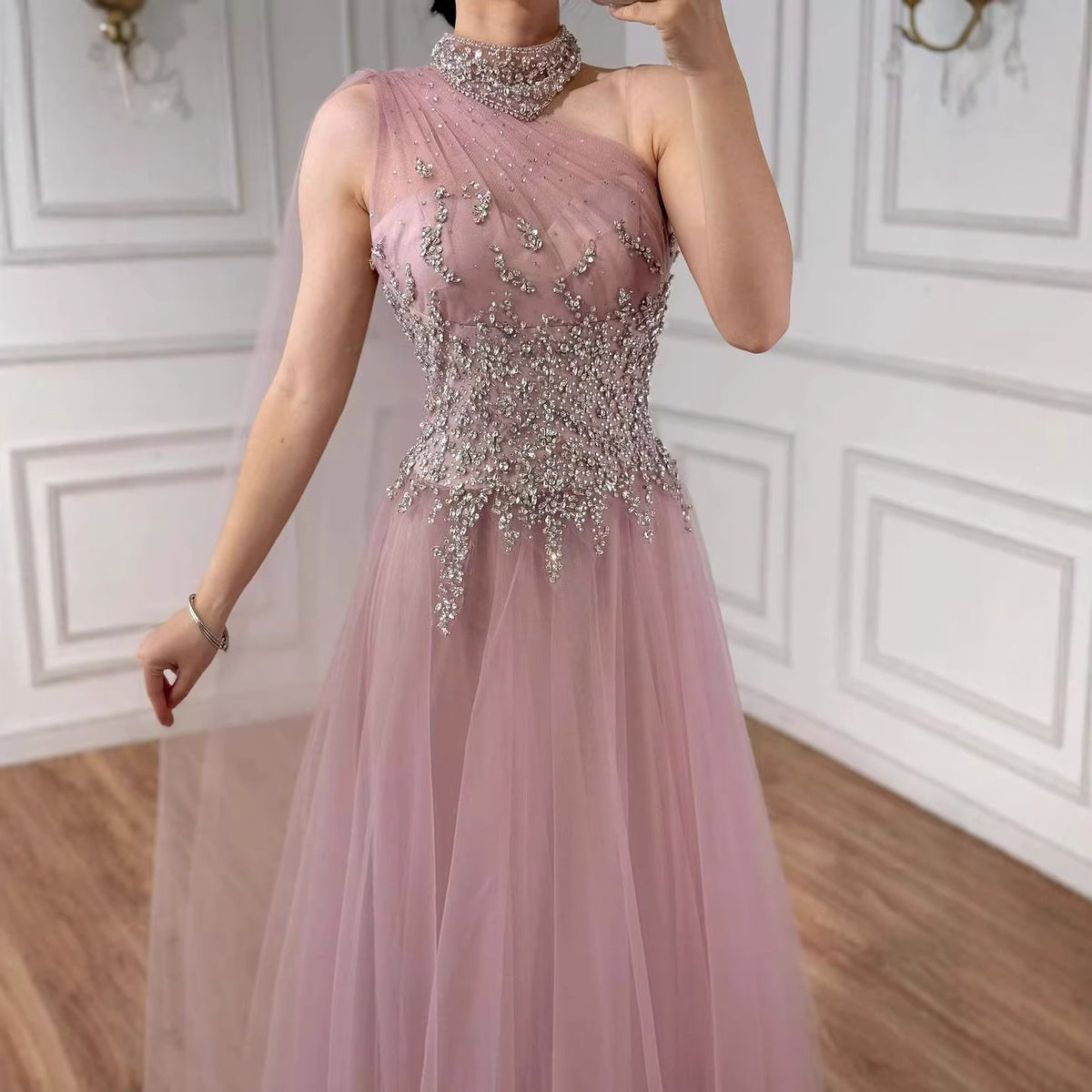 Luxury Nude  A Line One Shoulder Beaded Evening Dress LA73154