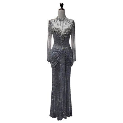 Luxury Silver Crystal Beaded Long Sleeve Evening Dress LA73167