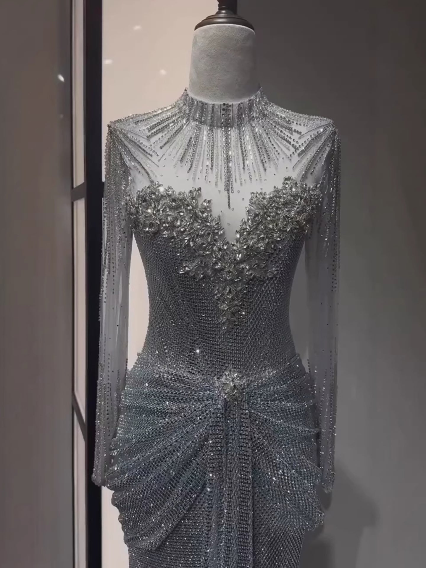 Luxury Silver Crystal Beaded Long Sleeve Evening Dress LA73167