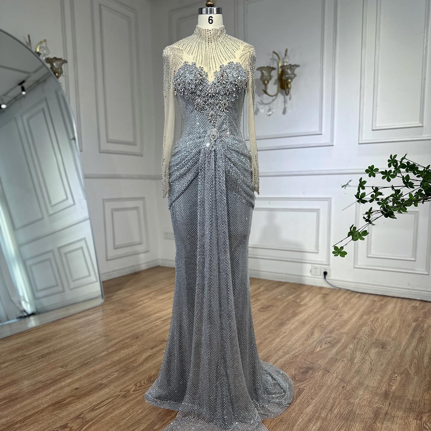 Luxury Silver Crystal Beaded Long Sleeve Evening Dress LA73167