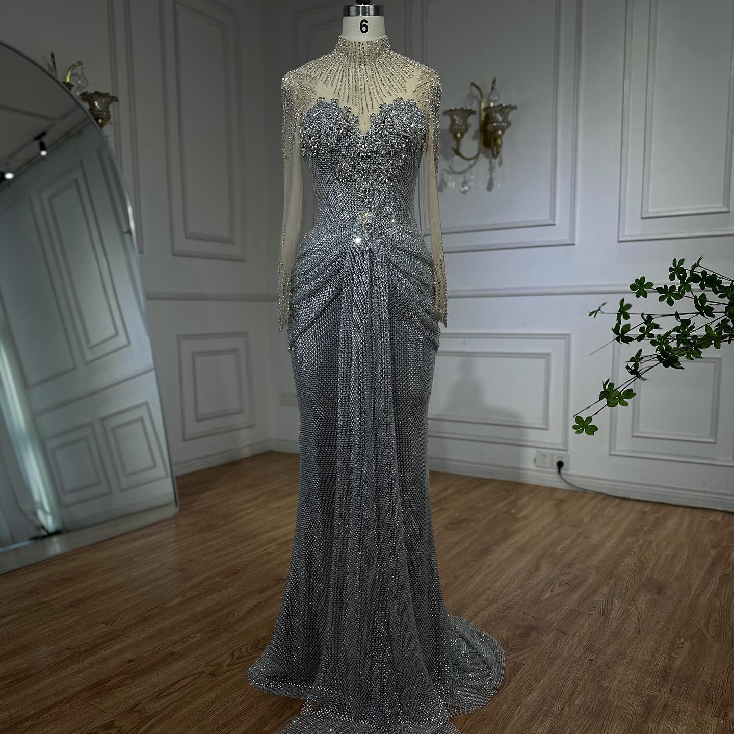 Luxury Silver Crystal Beaded Long Sleeve Evening Dress LA73167