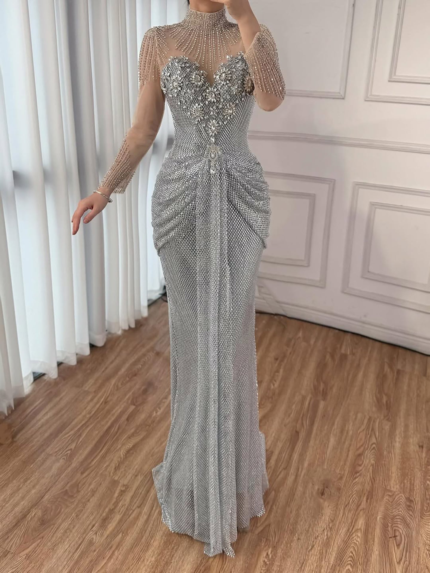 Luxury Silver Crystal Beaded Long Sleeve Evening Dress LA73167