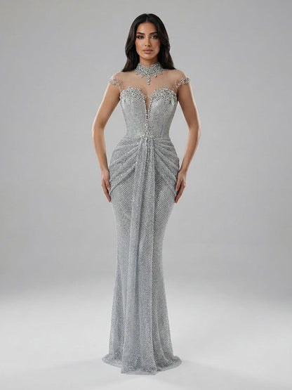 Luxury Silver Crystal Beaded Mermaid Evening Dress LA73167A