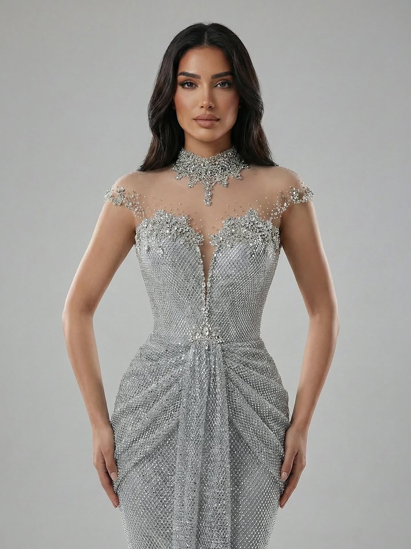 Luxury Silver Crystal Beaded Mermaid Evening Dress LA73167A