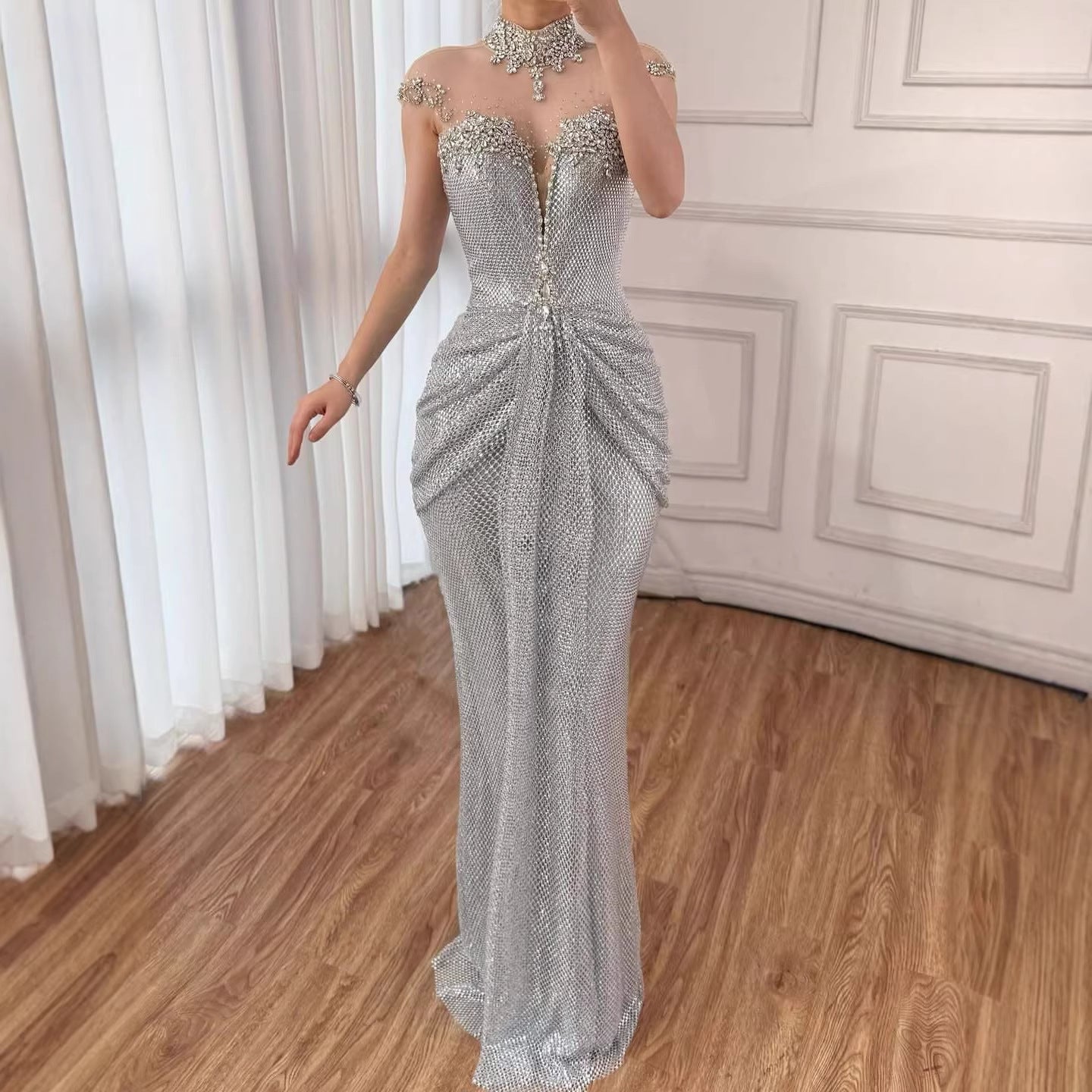 Luxury Silver Crystal Beaded Mermaid Evening Dress LA73167A