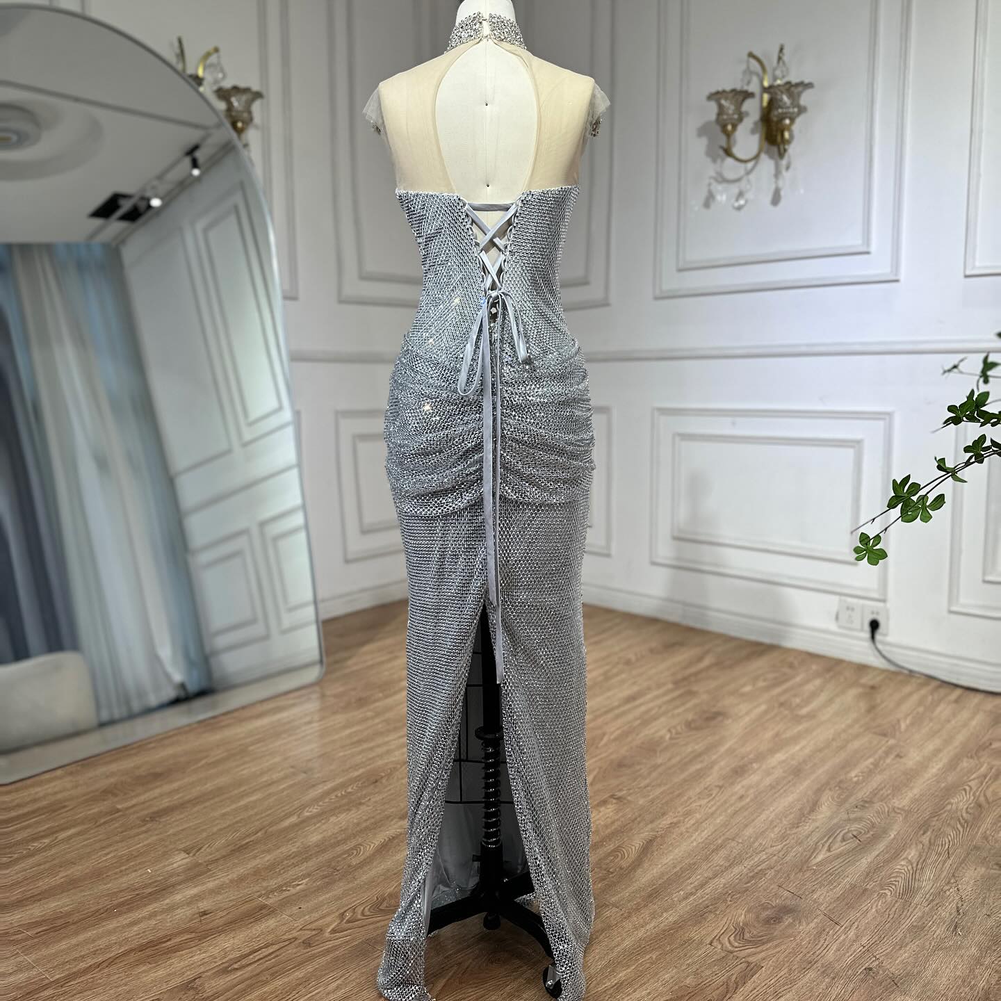 Luxury Silver Crystal Beaded Mermaid Evening Dress LA73167A