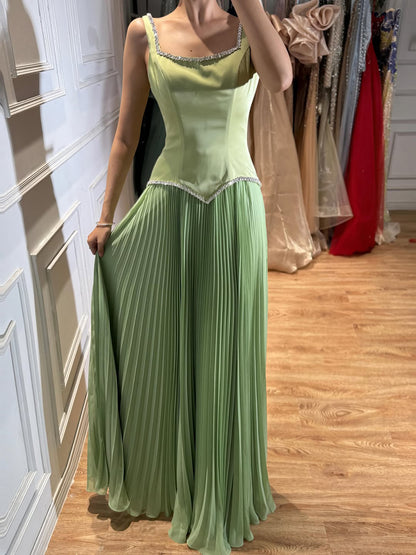 Luxury Sage Green Satin A-Line Prom Dress for Women LA73169