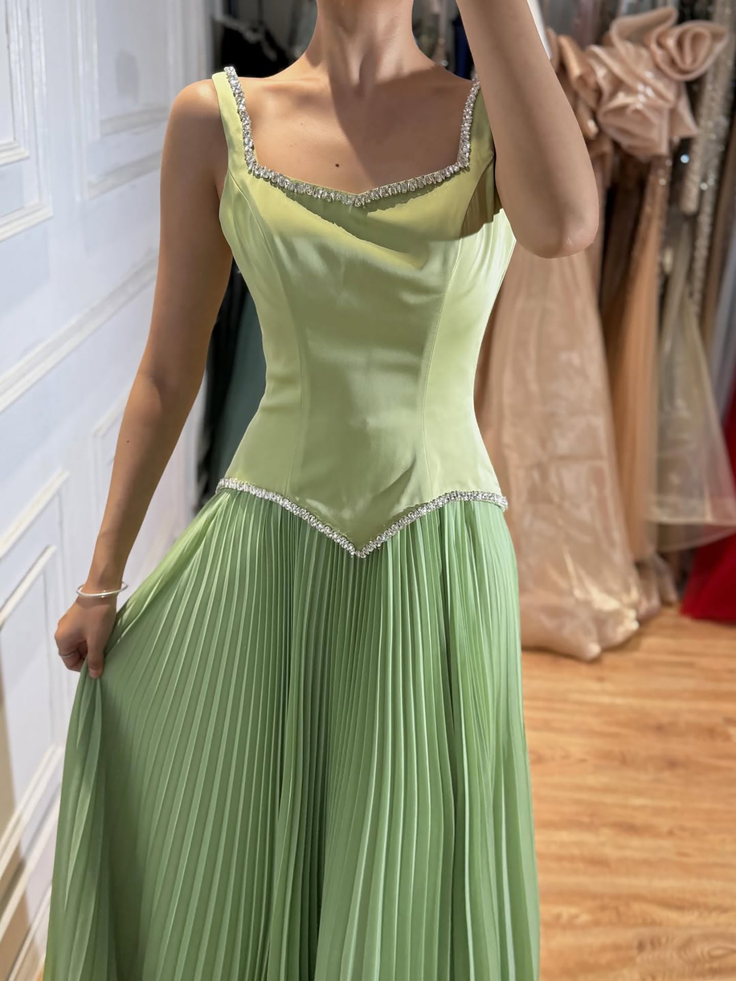 Luxury Sage Green Satin A-Line Prom Dress for Women LA73169