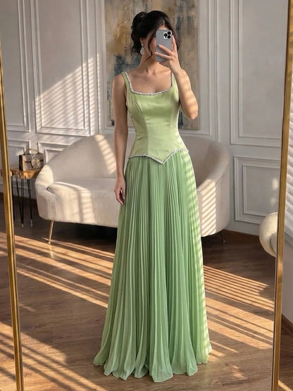 Luxury Sage Green Satin A-Line Prom Dress for Women LA73169