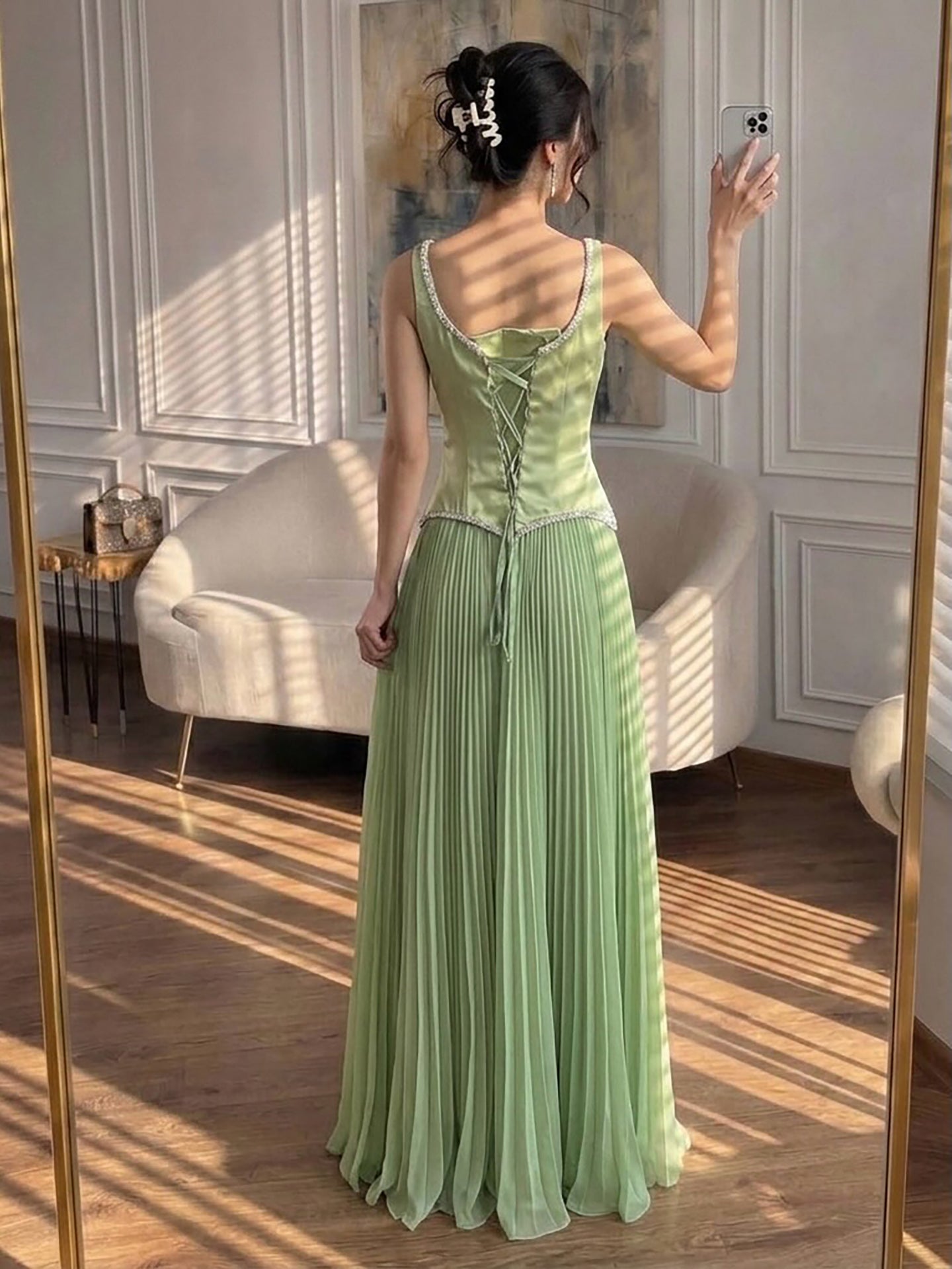 Luxury Sage Green Satin A-Line Prom Dress for Women LA73169