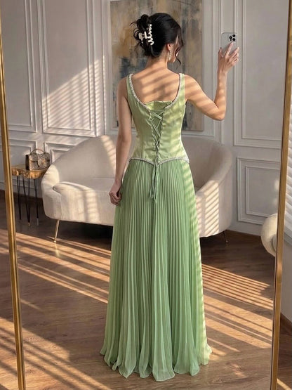 Luxury Sage Green Satin A-Line Prom Dress for Women LA73169