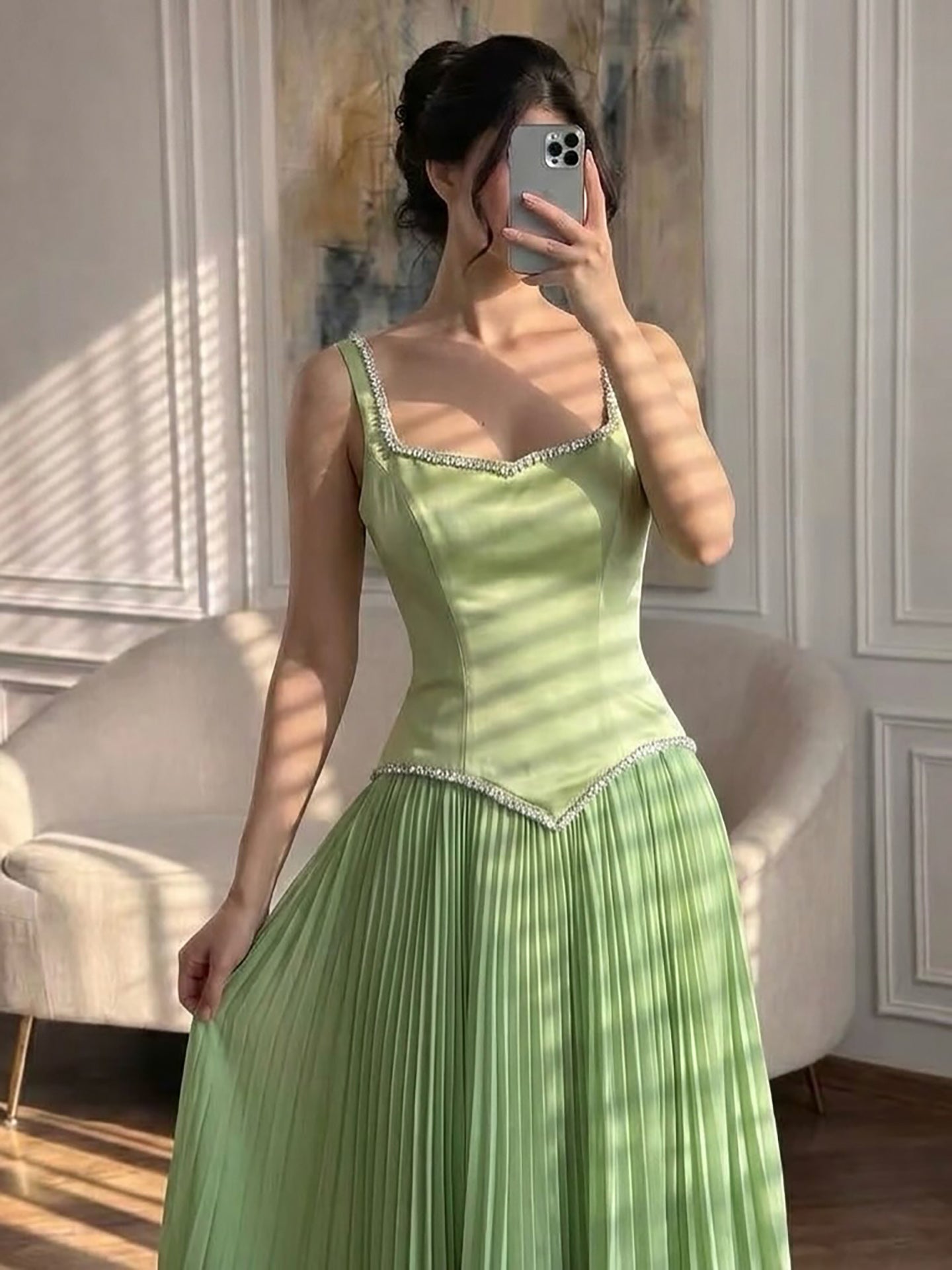 Luxury Sage Green Satin A-Line Prom Dress for Women LA73169