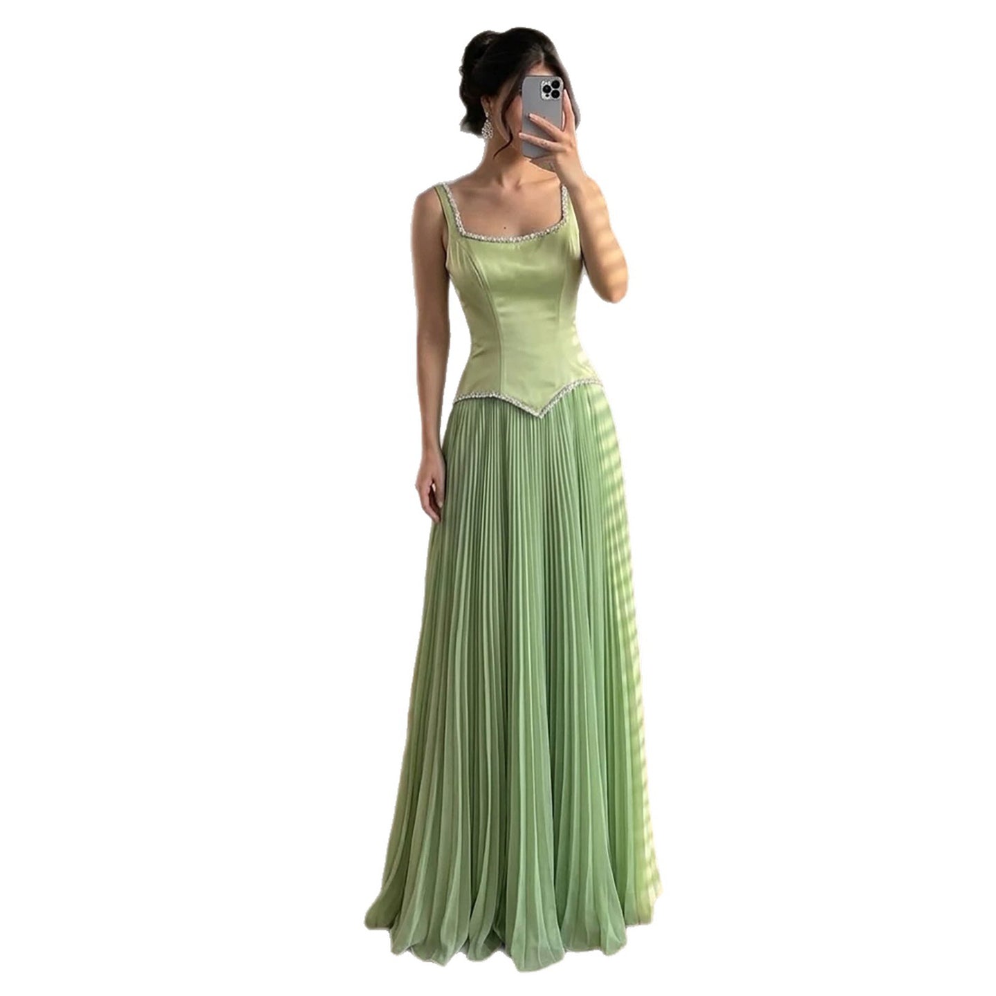 Luxury Sage Green Satin A-Line Prom Dress for Women LA73169