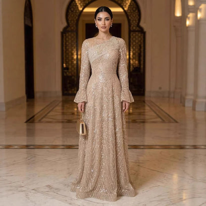 Luxury Nude Beaded A-Line Evening Dress Long Sleeves LA73177A