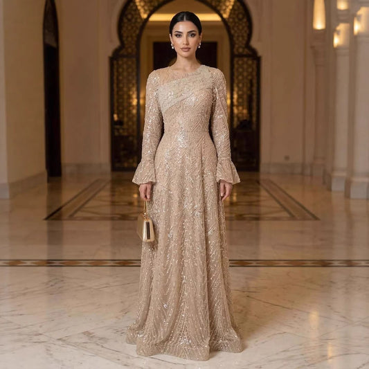 Luxury Nude Beaded A-Line Evening Dress Long Sleeves LA73177A