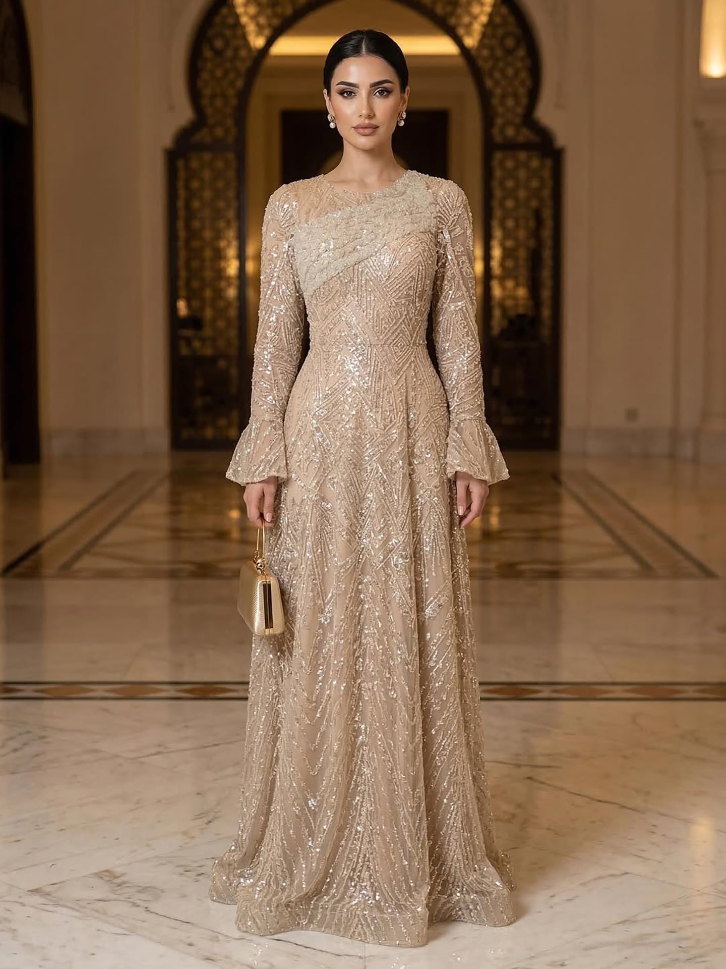 Luxury Nude Beaded A-Line Evening Dress Long Sleeves LA73177A