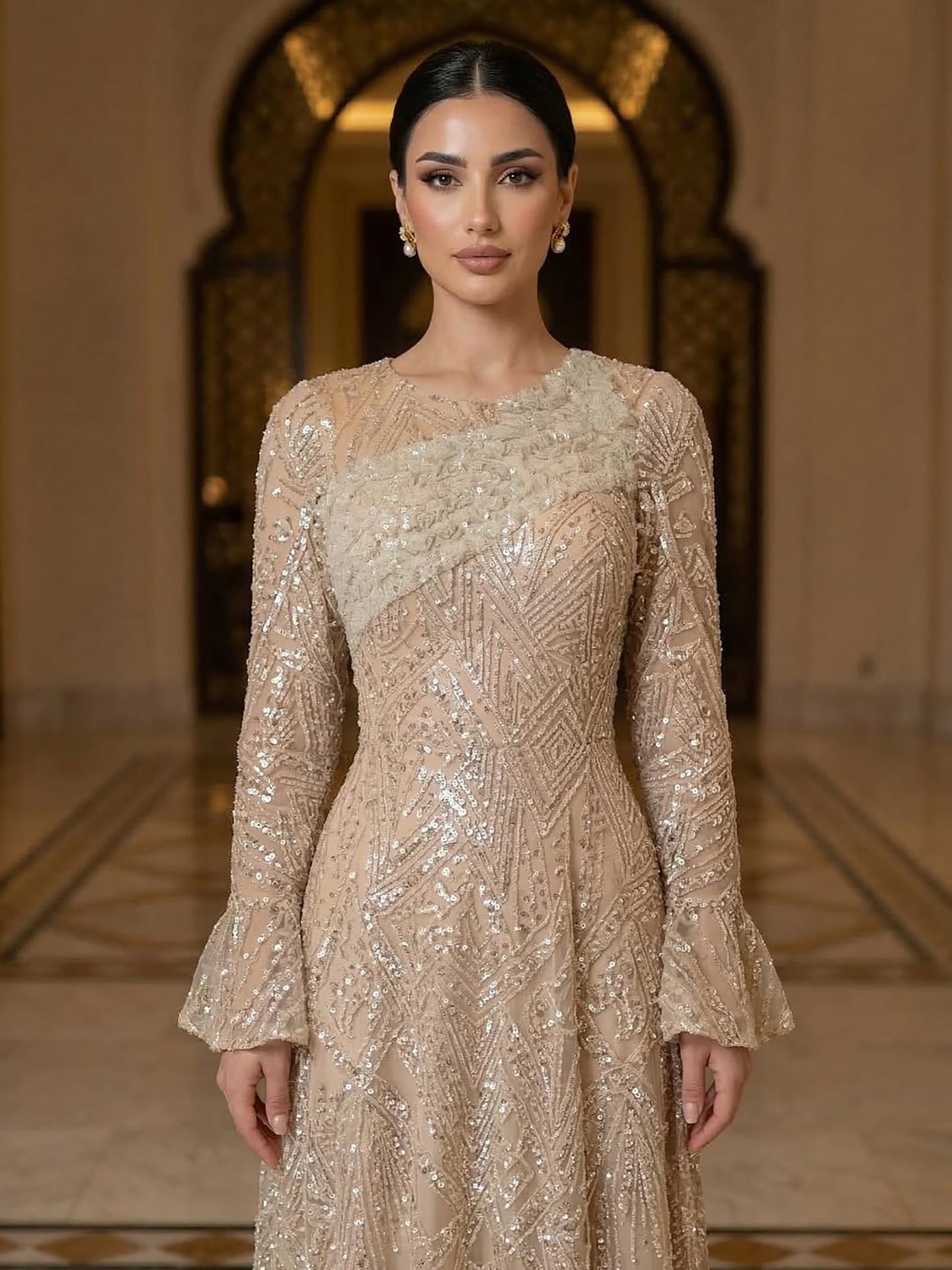 Luxury Nude Beaded A-Line Evening Dress Long Sleeves LA73177A