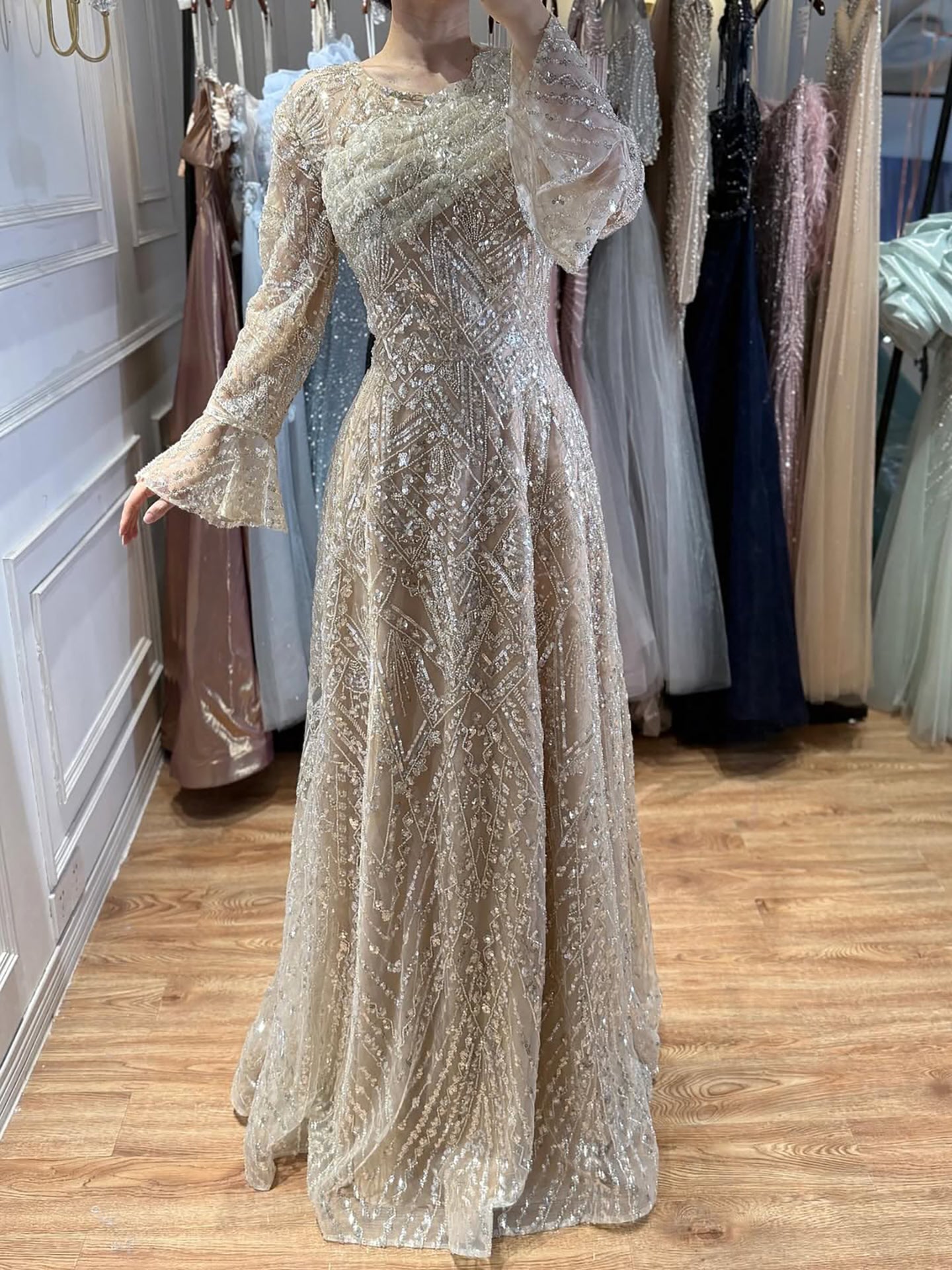 Luxury Nude Beaded A-Line Evening Dress Long Sleeves LA73177A