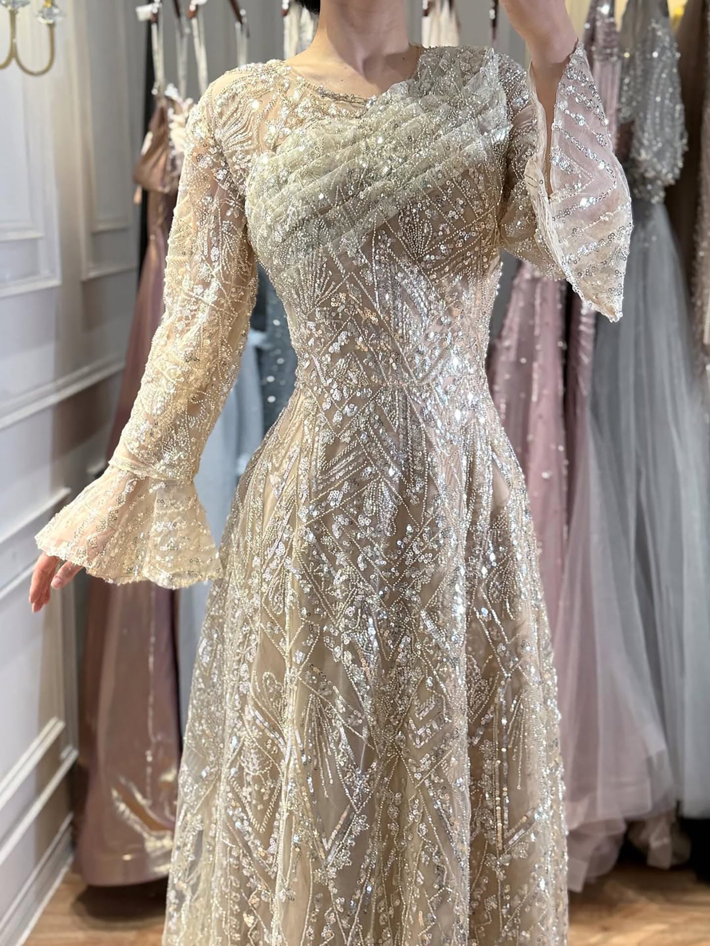 Luxury Nude Beaded A-Line Evening Dress Long Sleeves LA73177A