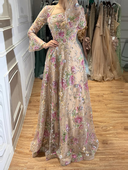 Luxury Pink Beaded A-Line Evening Dress with Puffy Sleeves LA73177B