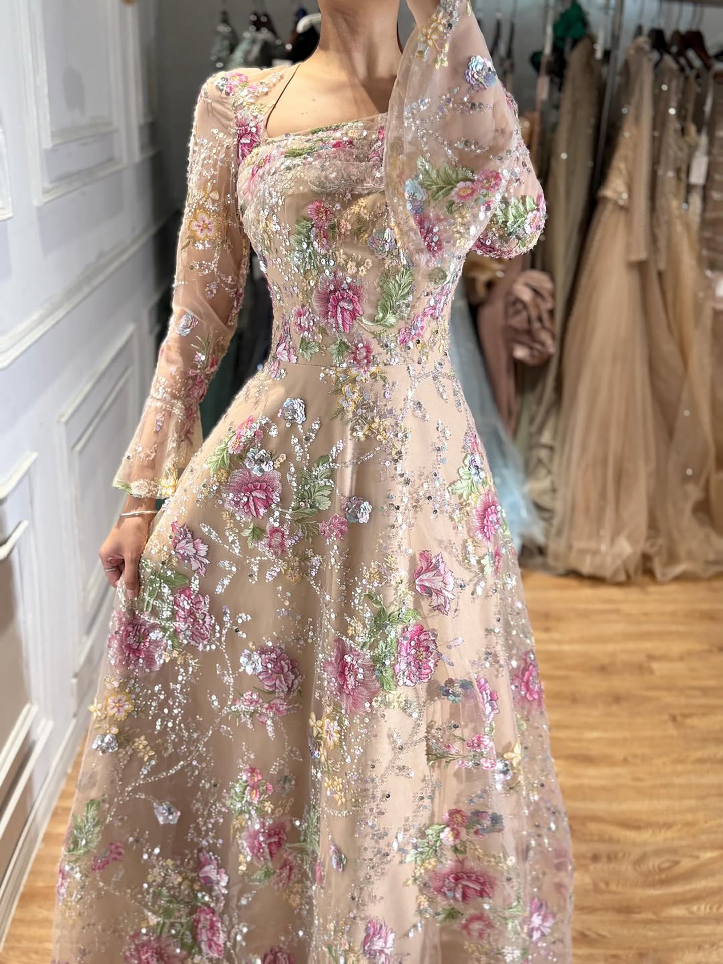 Luxury Pink Beaded A-Line Evening Dress with Puffy Sleeves LA73177B