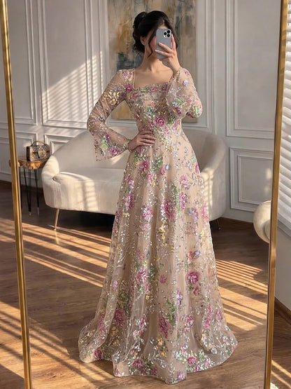 Luxury Pink Beaded A-Line Evening Dress with Puffy Sleeves LA73177B