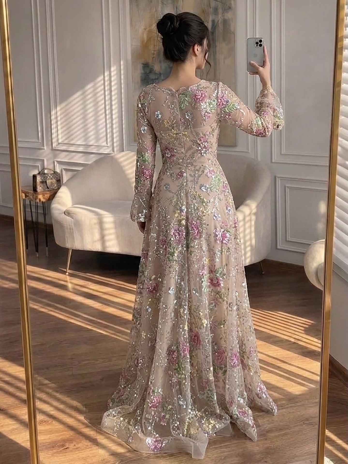 Luxury Pink Beaded A-Line Evening Dress with Puffy Sleeves LA73177B