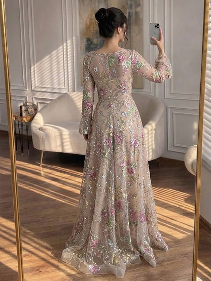 Luxury Pink Beaded A-Line Evening Dress with Puffy Sleeves LA73177B
