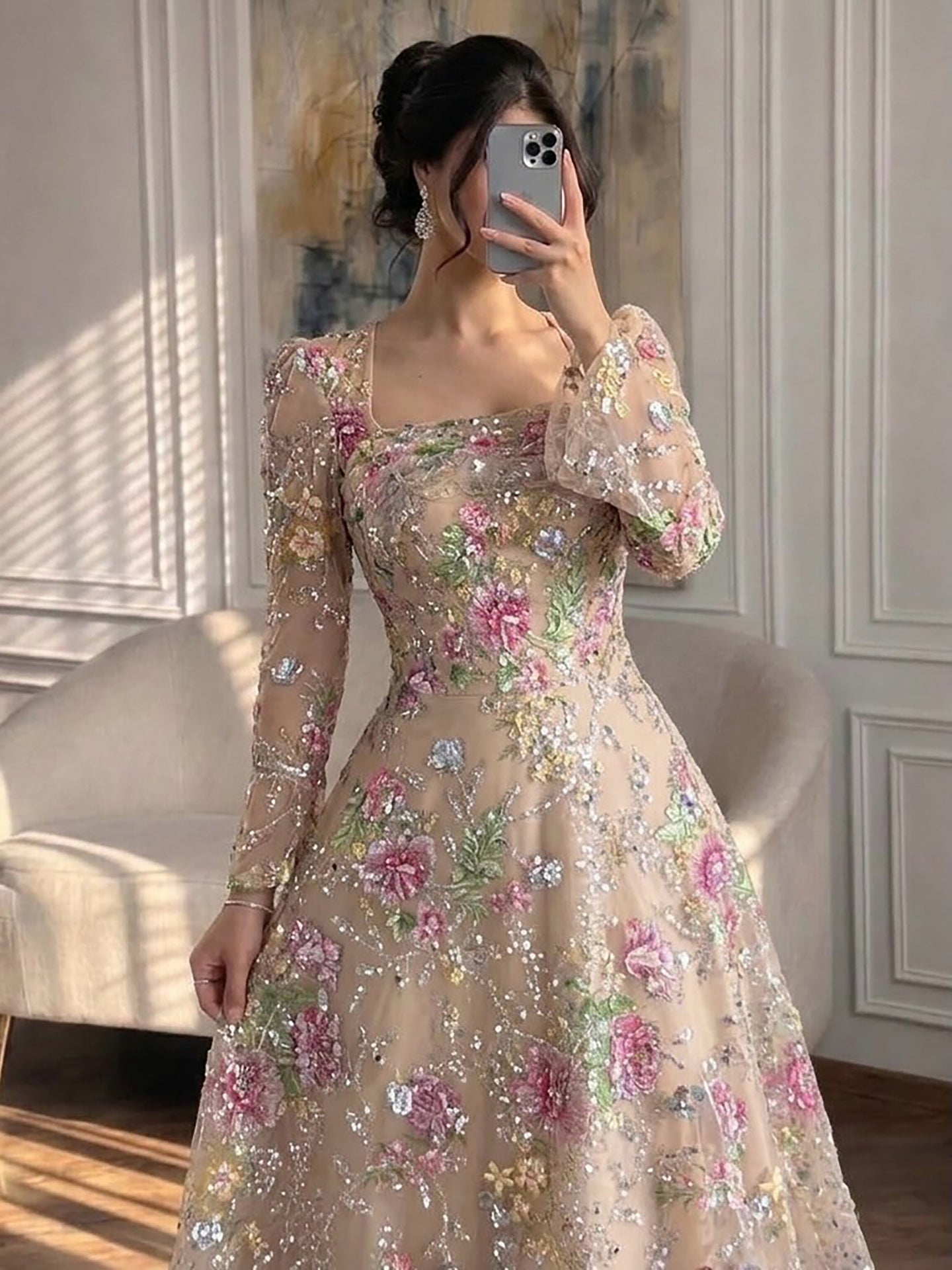 Luxury Pink Beaded A-Line Evening Dress with Puffy Sleeves LA73177B