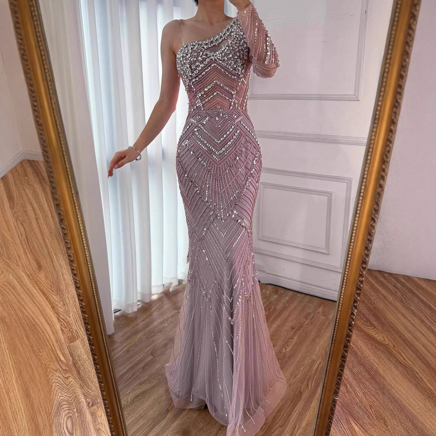 Luxury Nude One Shoulder Long Sleeve Beaded Evening Dress LA73180