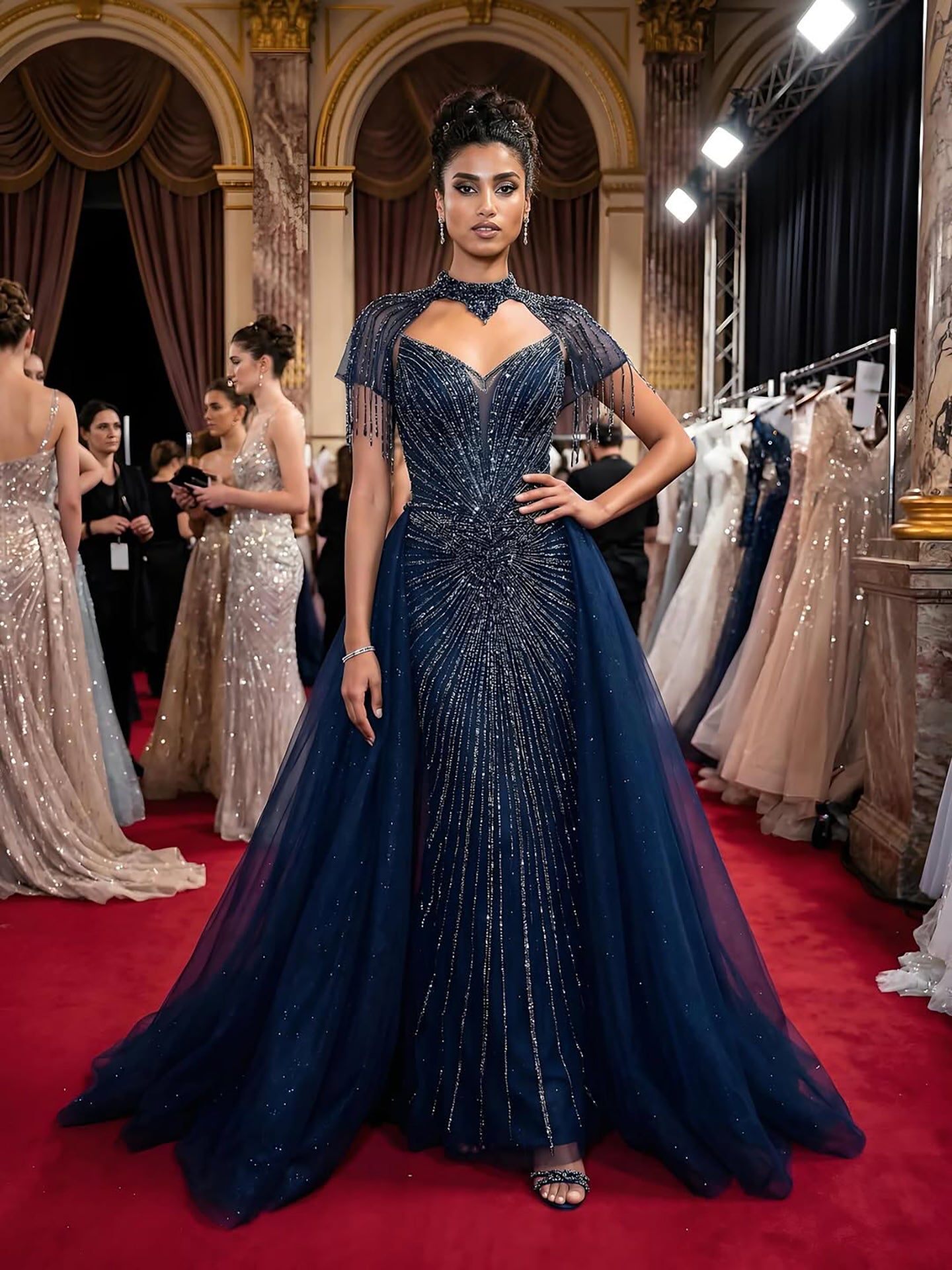 Luxury Nude Beaded Mermaid Evening Dress with Overskirt LA73182