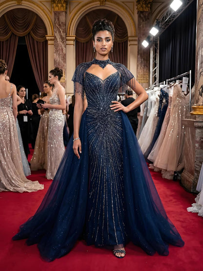 Luxury Nude Beaded Mermaid Evening Dress with Overskirt LA73182
