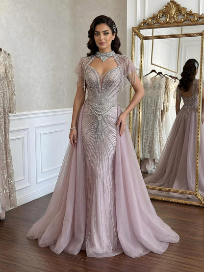Luxury Nude Beaded Mermaid Evening Dress with Overskirt LA73182