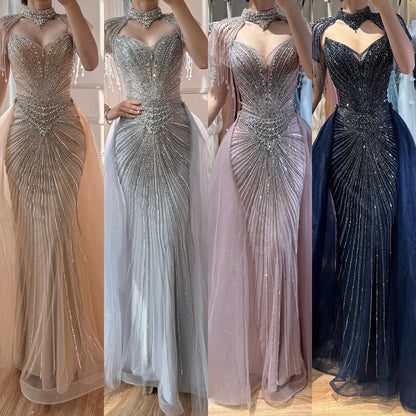 Luxury Nude Beaded Mermaid Evening Dress with Overskirt LA73182