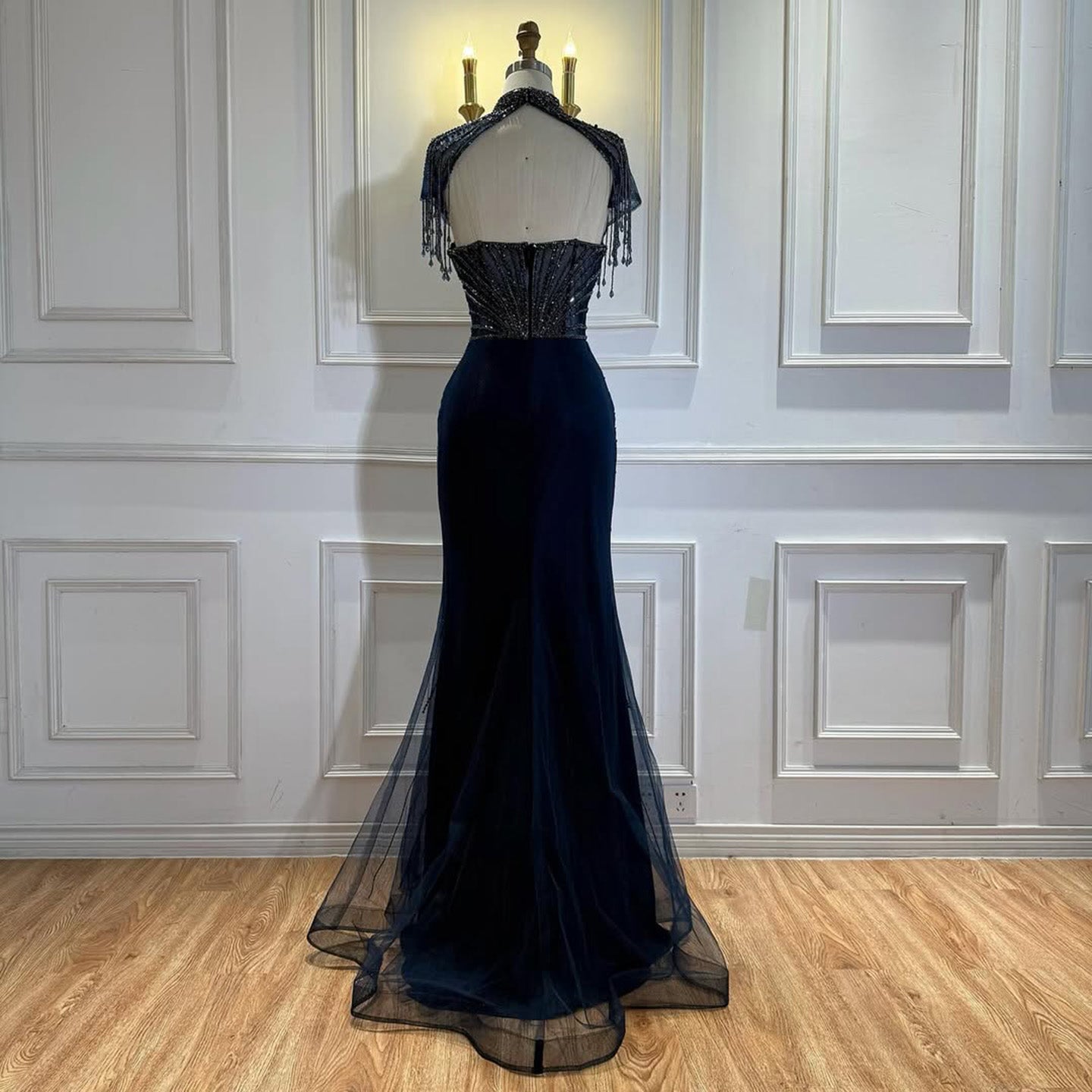 Luxury Nude Beaded Mermaid Evening Dress with Overskirt LA73182