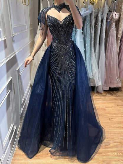 Luxury Nude Beaded Mermaid Evening Dress with Overskirt LA73182