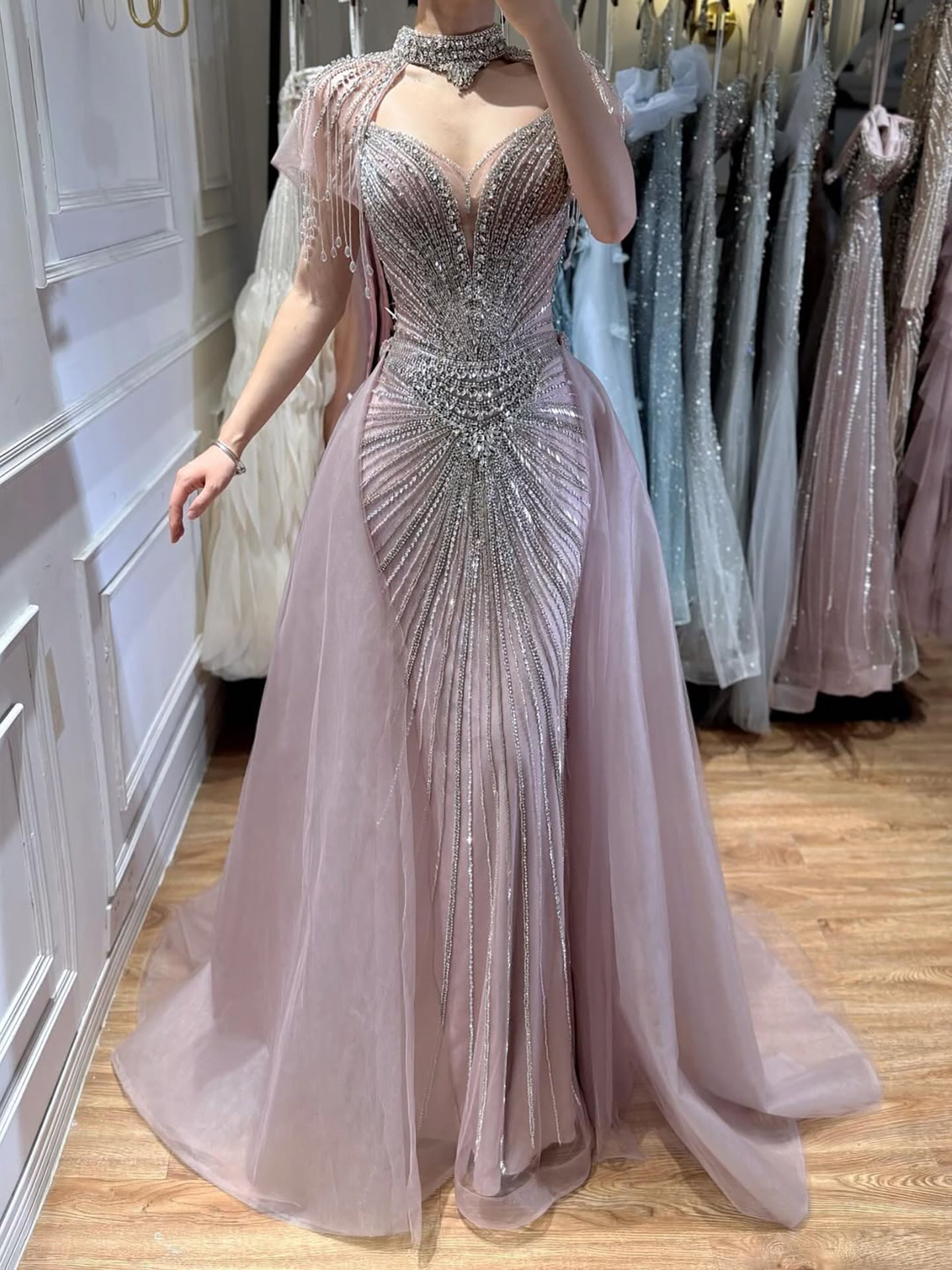 Luxury Nude Beaded Mermaid Evening Dress with Overskirt LA73182