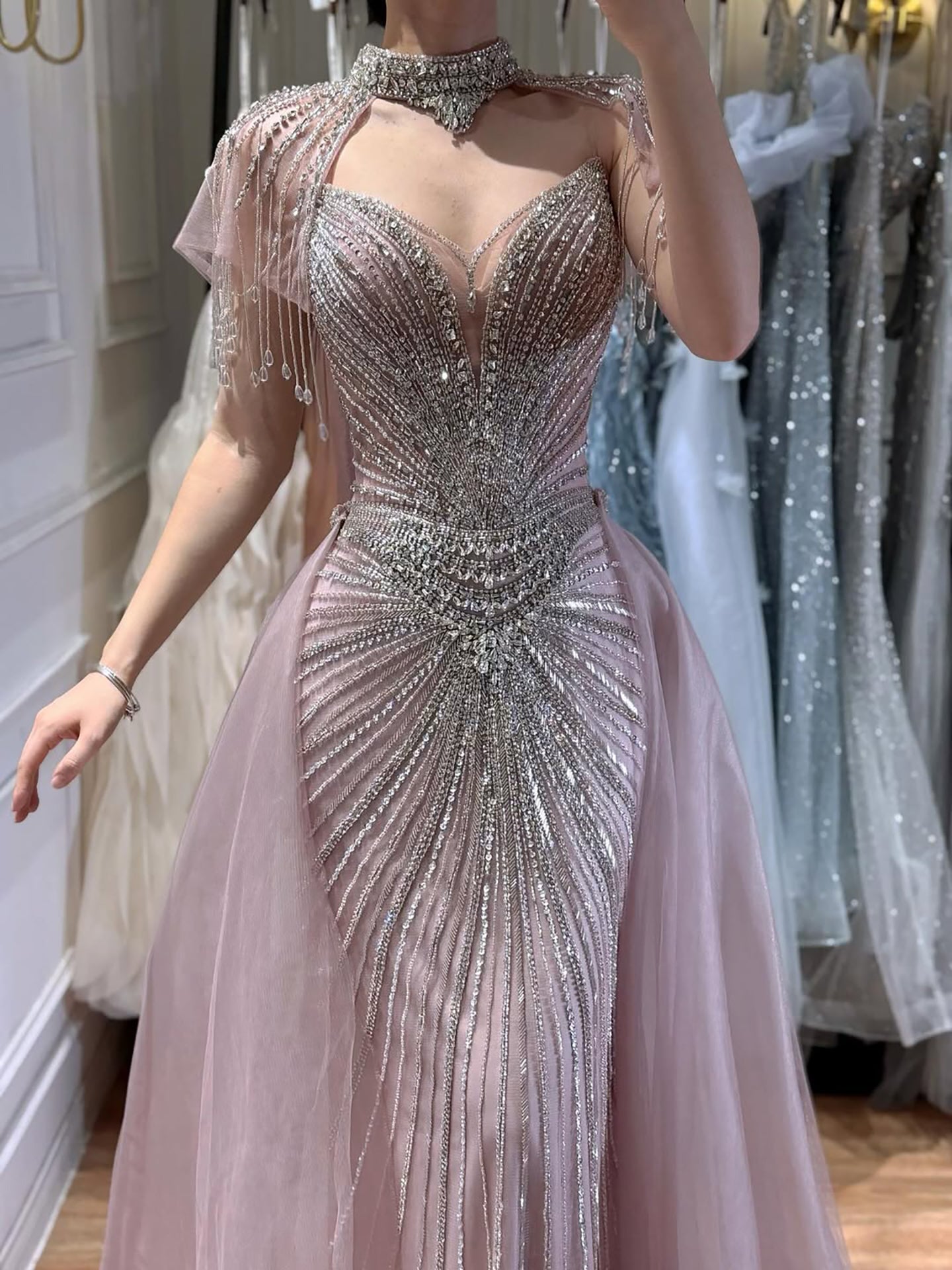 Luxury Nude Beaded Mermaid Evening Dress with Overskirt LA73182