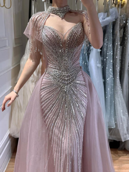 Luxury Nude Beaded Mermaid Evening Dress with Overskirt LA73182
