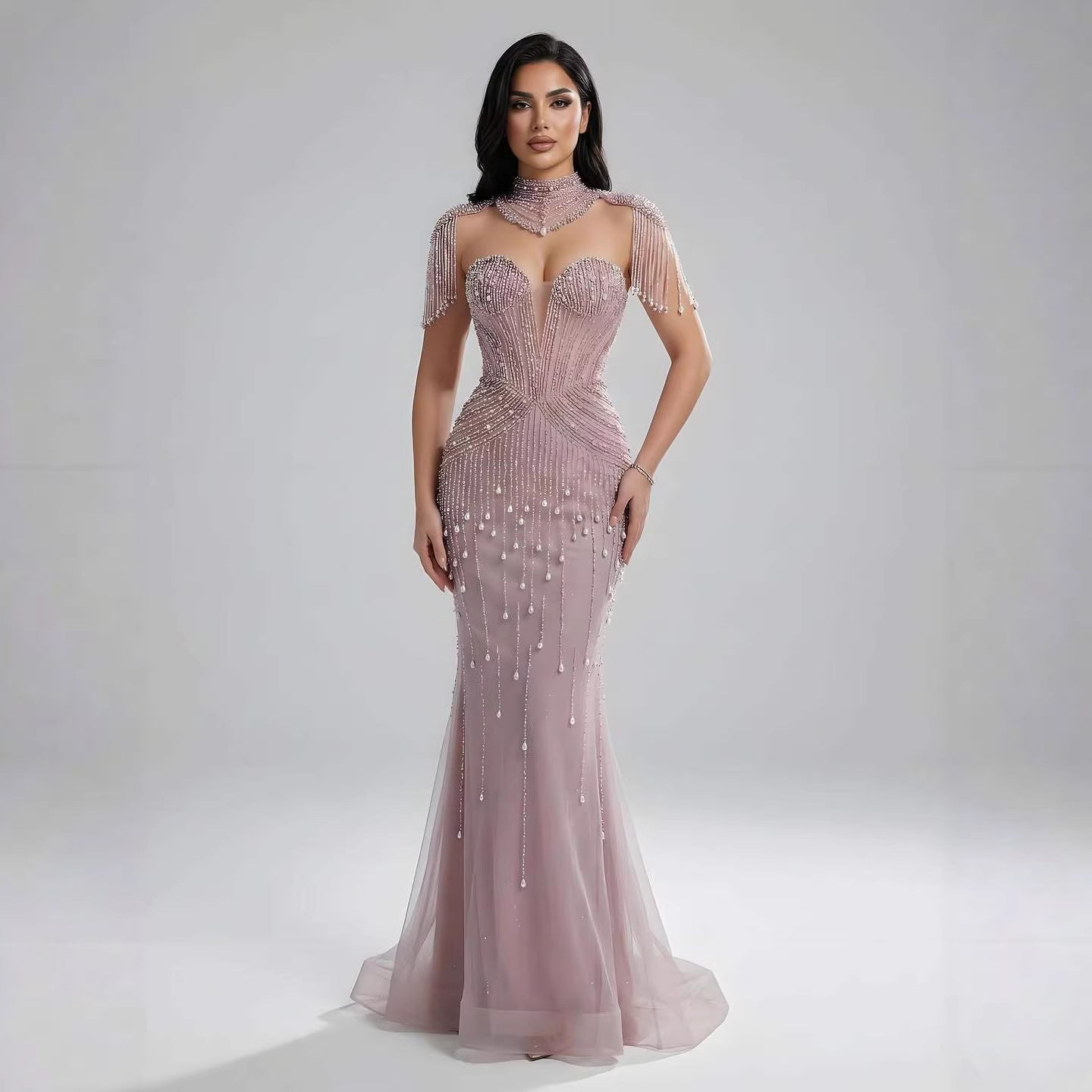 Luxury Nude Pearl Beaded Tassel Mermaid Evening Dress LA73183